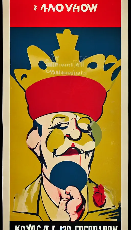 Image similar to a propaganda poster of king clown, soviet - era, 1 9 6 0 s, color palette, cold war, colors