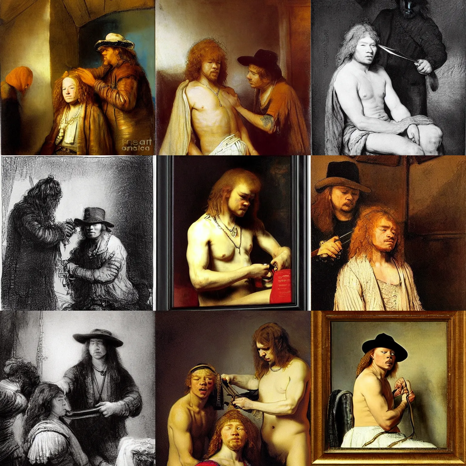 Prompt: young beautiful axl rose having a haircut, by rembrandt