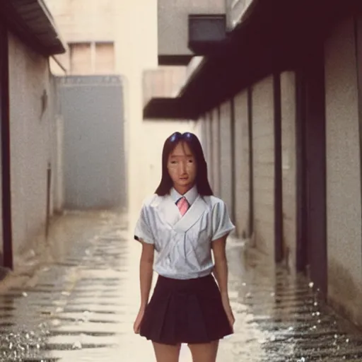 Image similar to 1990s perfect 8K HD professional cinematic photo of close-up japanese schoolgirl posing in sci-fi dystopian alleyway at morning during rain, at instagram, Behance, Adobe Lightroom, with instagram filters, depth of field, taken with polaroid kodak portra