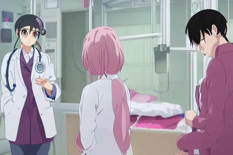 Image similar to a beautiful young female doctor wearing white coat are talking with a nurse wearing pink coat in a hospital ward, slice of life anime, anime scenery by Makoto shinkai