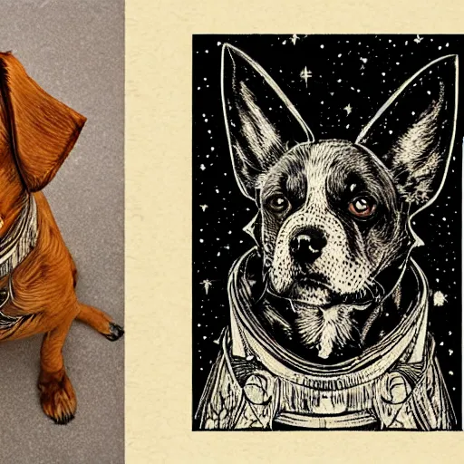 Prompt: Woodcut portrait of a beautiful cute dog with robot ears by falling into the stars greg rutkowski, 4k, intricate details