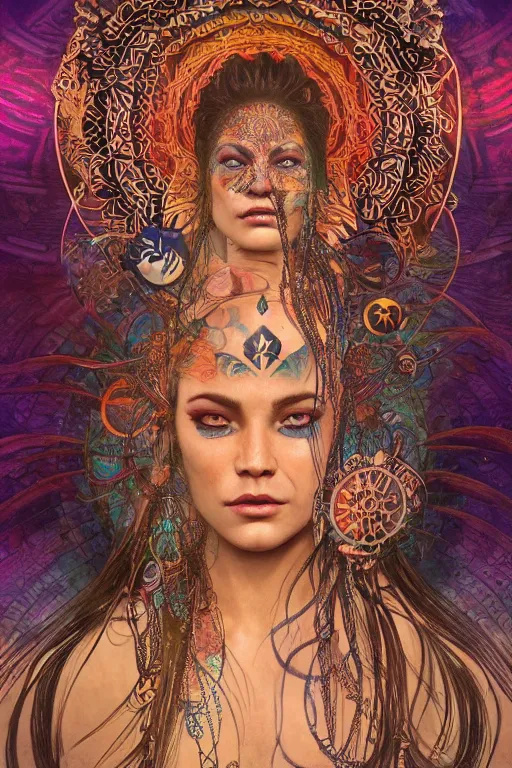 Prompt: a centered render of a alluring festival hippie with tribal tattoos surrounded by a underwater ink pour and flowing liquid gallium and sacred geometry, perfect body, face, hands, powerful, cinematic, beautifully lit, by artgerm, by karol bak, by donato giancola, by mucha, 3 d, trending on artstation, octane render, 8 k