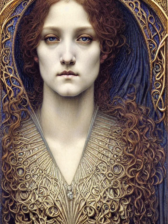 Image similar to detailed realistic beautiful young medieval queen face portrait by jean delville, gustave dore and marco mazzoni, art nouveau, symbolist, visionary, gothic, pre - raphaelite. horizontal symmetry