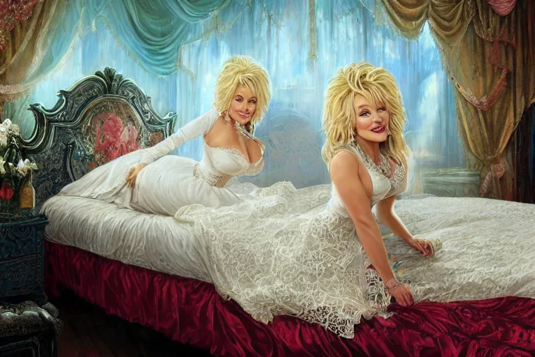 Image similar to portrait of dolly parton wearing a lace dress in bed, an oil painting by ross tran and thomas kincade