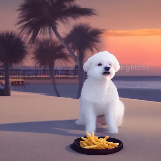 Image similar to a photorealistic photograph of a smiling white bichon puppy eating basket of french fries during sunset at the beach Trending on artstation, featured on Behance, well-rendered, Unreal Engine, 4K HD