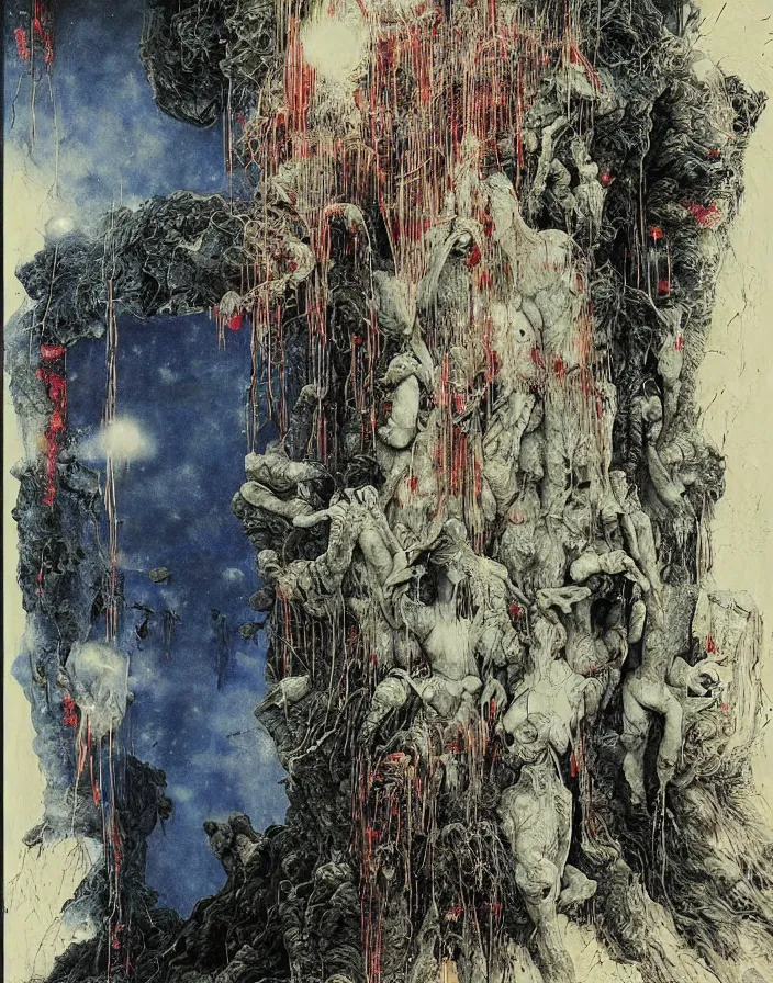 Prompt: worshippers in robes entering the door of the light house, going through the door, high detailed beksinski painting, part by adrian ghenie and gerhard richter. art by takato yamamoto. masterpiece, deep colours, blue
