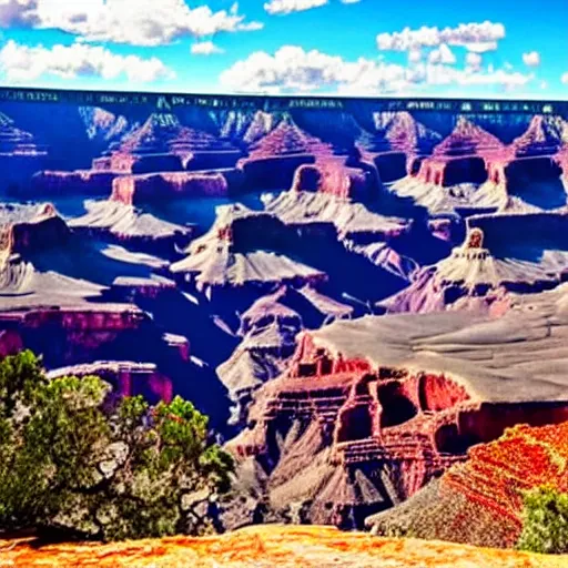 Prompt: color still of the grand canyon filled with blue water, sunny, blue fluffy clouds,