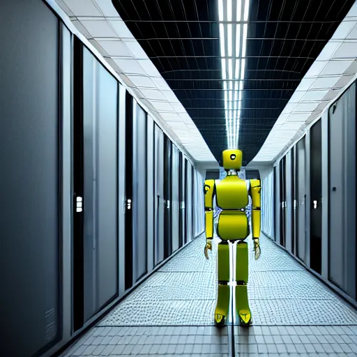 Prompt: hyperrealism stock photo of highly detailed stylish humanoid robot in sci - fi style by gragory crewdson and vincent di fate in the highly detailed data center by mike winkelmann and laurie greasley rendered in blender and octane render