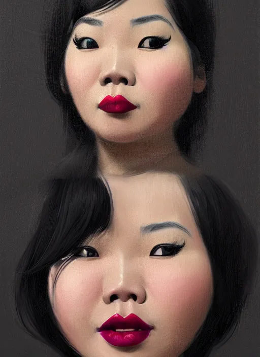 Prompt: portrait of a plump thai woman with a crooked nose and a confident expression, 1 9 6 0 s, black clothes, goth, punk, brightly coloured hair, funk, intricate, elegant, highly detailed, digital painting, artstation, concept art, smooth, sharp focus, illustration, art by wlop, mars ravelo and greg rutkowski