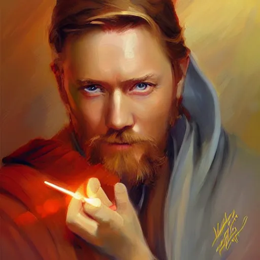 Image similar to Obi-Wan Kenobi, painting by Vladimir Volegov