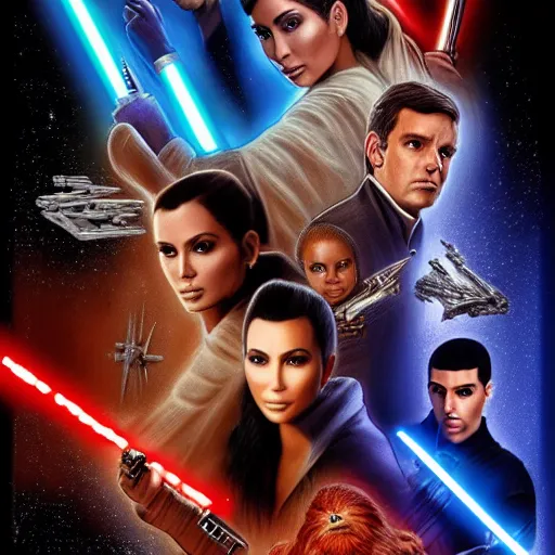 Image similar to super detailed star wars movie poster with ben shapiro, snooki and kim kardashian, 8k full HD photo, cinematic lighting, anatomically correct, oscar award winning, action filled, correct eye placement,