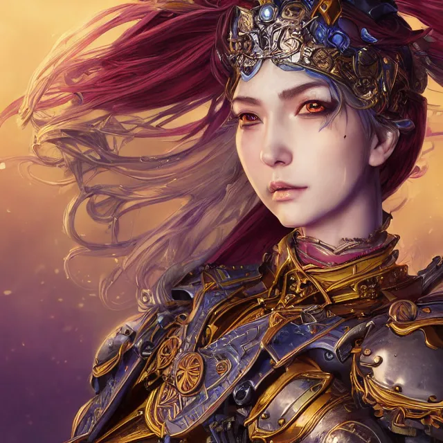 Image similar to studio portrait of lawful good colorful female holy mech paladin as absurdly beautiful, elegant, young woman, eye gear, ultrafine hyperrealistic detailed face illustration by kim jung gi, irakli nadar, intricate linework, sharp focus, bright colors, matte, octopath traveler, final fantasy, unreal engine highly rendered, global illumination, radiant light, intricate environment