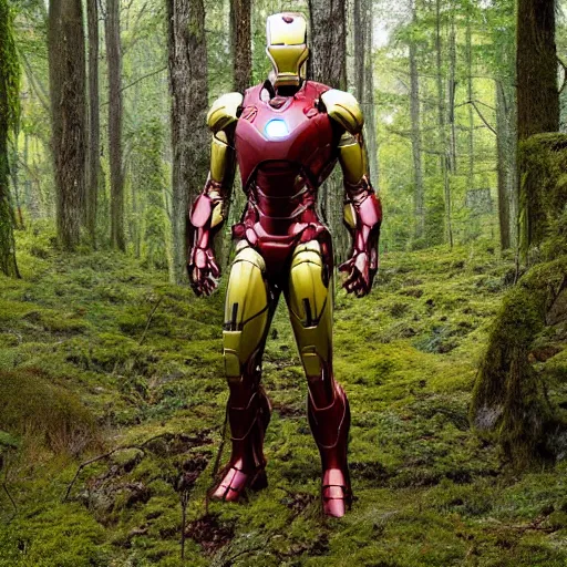 Image similar to abandoned iron man suit overgrown by moss in the middle of a forest, 4k realistic photo