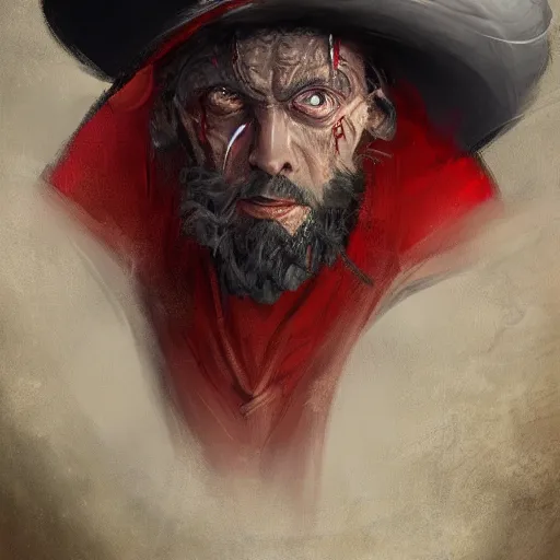 Prompt: A painting of an evil sorcerer, he has a red hat, by Guillaume Menuel, high detail, 8k, digital art