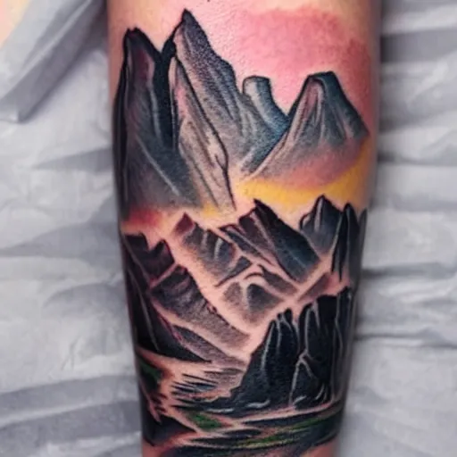 Prompt: a tattoo design of a beautiful girl faded with mountains, in the style of den yakovlev, hyper - realistic, amazing detail