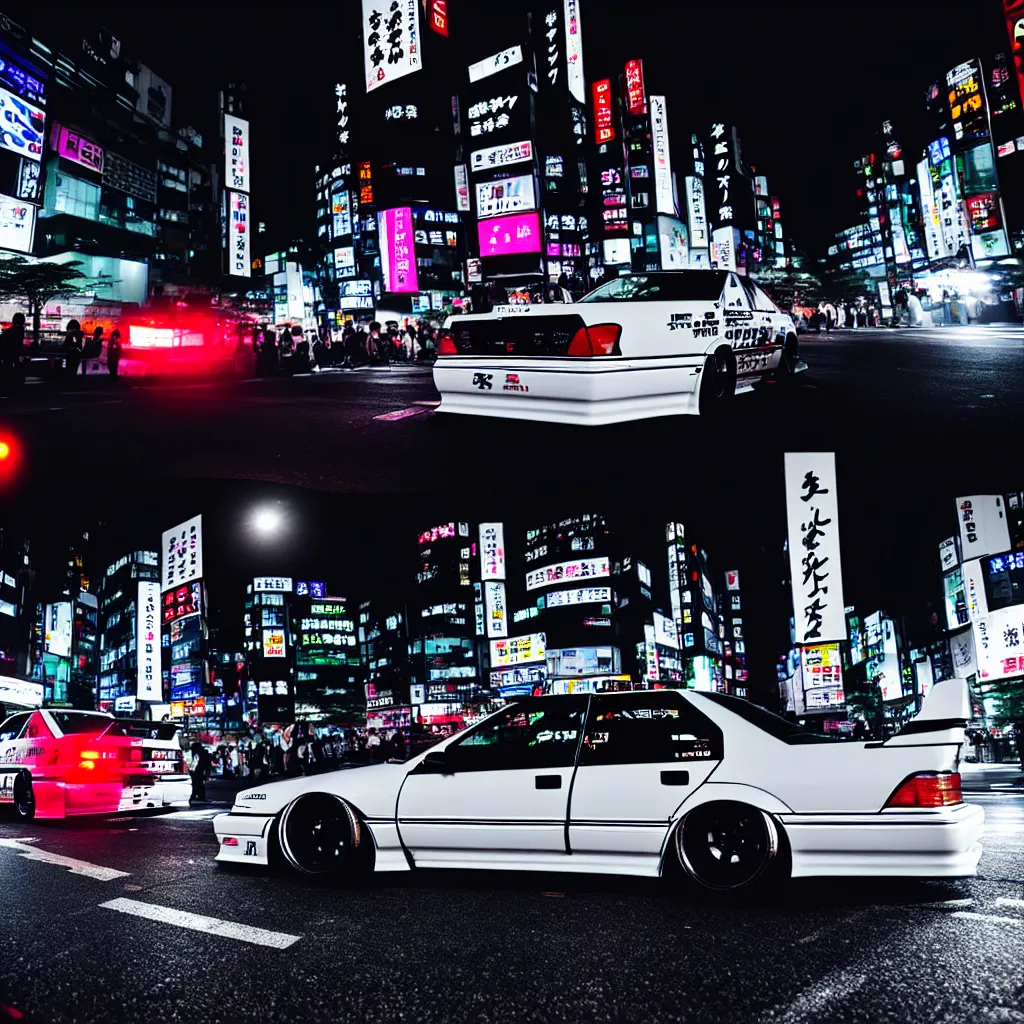 Prompt: JZX100 twin turbo drift in Shibuya, misty night