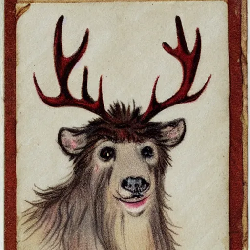 Image similar to professional vintage colored sketch of a fuzzy creature with antlers with full descriptions, on parchment, 8K, HD