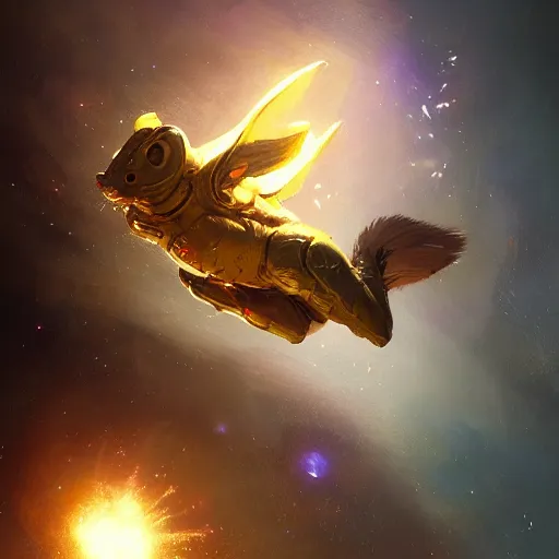 Image similar to a golden mouse flying through space, Greg rutkowski award winning illustration, digital art, fantasy concept art, 4k, trending on artstation,