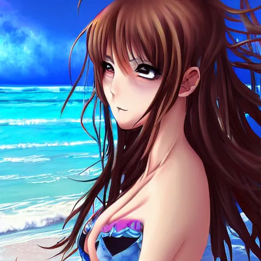 Prompt: an anime portrait of a beautiful girl in the beach, Digital art, intricate details,