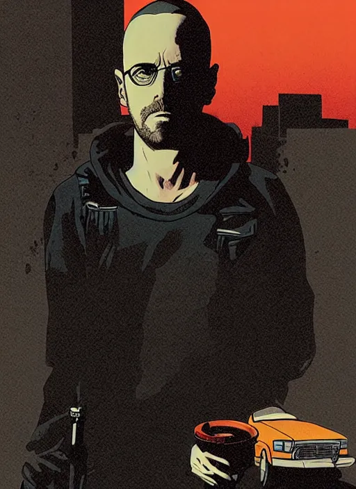 Prompt: highly detailed poster artwork by Michael Whelan and Tomer Hanuka, of Jessie Pinkman, from scene from Breaking Bad, clean