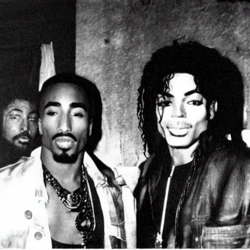 Prompt: Tupac and Michael Jackson hanging out at a bar, grainy photo, found footage, hidden camera.