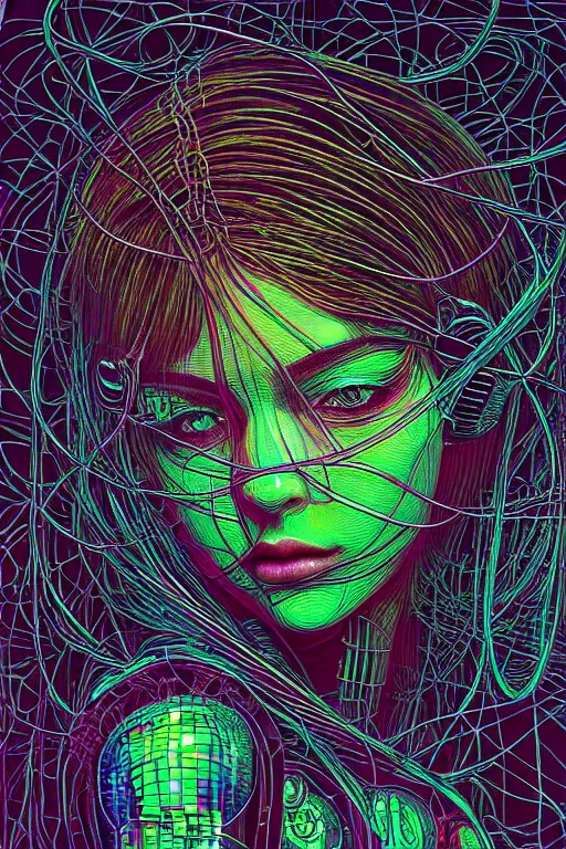 Image similar to dreamy cyberpunk girl, neon leather, detailed acrylic, wireframe fractals, intricate complexity, by dan mumford and by alberto giacometti, peter lindbergh