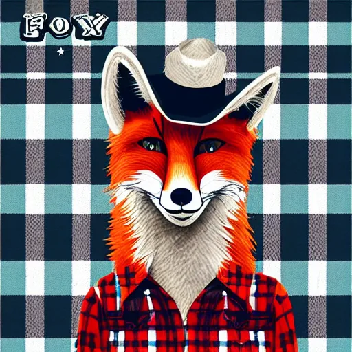 Image similar to a female fox animal, wearing cowboy hat, wearing plaid shirt, playing guitar, inside a barn, album cover style