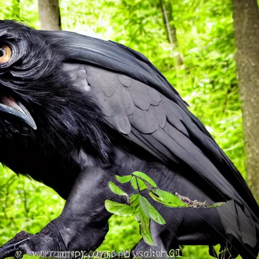 Prompt: werecreature mixture of human and crow, photograph captured in a forest