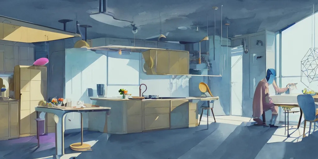 Prompt: a beautiful illustration of futuristic kitchen, lots of furniture, big medium small, sacred geometry, golden ratio, in watercolor gouache detailed paintings, in style of syd mead, trending on artstation, 8 k, panel, hard surface, wallpaper, zaha hadid, scattered props, plant, cozy, decoration, simon stalenhag, wes anderson, moebius