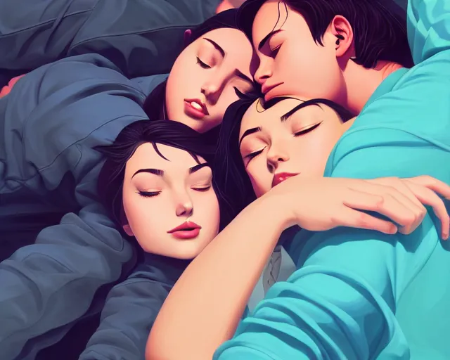 Prompt: painting of 3 young people cuddling, romantic, group hug, highly detailed, close - up, smooth, stylized, realistic hands, vector line art, clean cel shaded vector art, by lois van baarle, ross tron, artgerm, helen huang, makoto shinkai, ilya kuvshinov, rossdraws