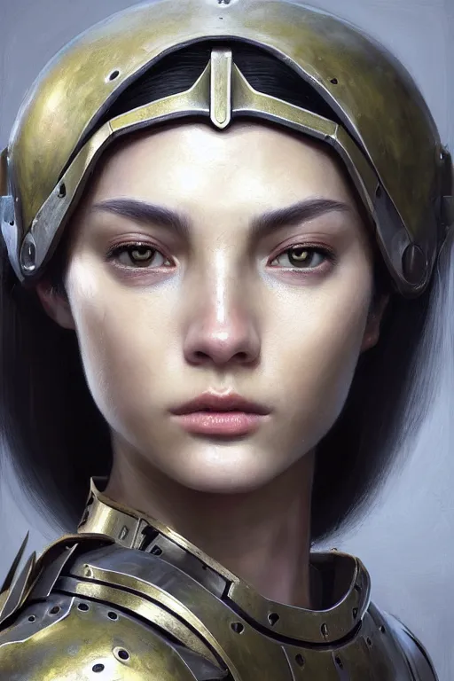 Image similar to a photorealistic painting of an attractive young girl, partially clothed in metal-plated battle armor, olive skin, long dark hair, beautiful bone structure, symmetrical face, perfect eyes, intricate, elegant, digital painting, concept art, illustration, sharp focus, minimal artifacts, from Metal Gear, in the style of Ruan Jia and Mandy Jurgens, by Greg Rutkowski, trending on Artstation, award winning