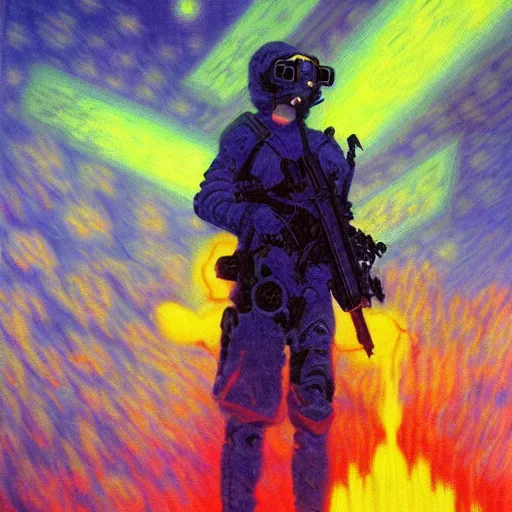 Image similar to psychic warfare, technopunk, cyberpunk, vaporwave, painting by monet