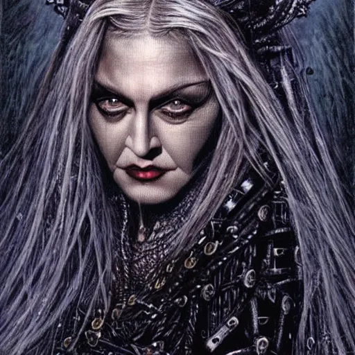 Image similar to head and shoulders portrait of an evil, black - skinned night hag portrayed by madonna, d & d, fantasy, luis royo, magali villeneuve, donato giancola, wlop, krenz cushart