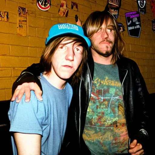 Prompt: elliott smith and kurt cobain hanging out at a bar