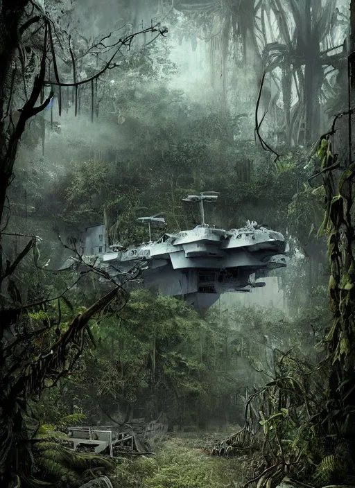 Image similar to decayed aircraft carrier USS Nimitz laying on the ground overgrown with vegetation and hanging vines, post apocalyptic, tropical forest, by Luis Royo, by Greg Rutkowski, extreme low angle shot, dark, gritty, intricate, cover illustration, concept art, volumetric lighting, volumetric atmosphere, sharp focus, octane render, trending on artstation, 8k