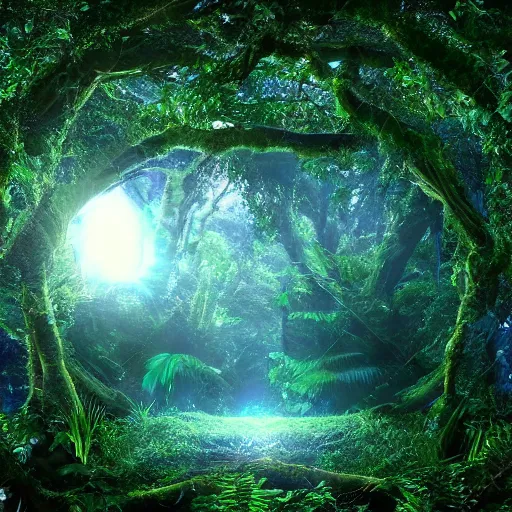 Image similar to active stargate to another dimension inside a beautiful tree in a densely overgrown jungle, fantasy, dreamlike sunrise volumetric lighting, ultra realistic, atmospheric, stopped in time, epic