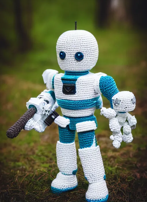 Prompt: a crochet mecha, holding a sword, realistic, no cropping, full body, Sigma 50 mm f/1.4