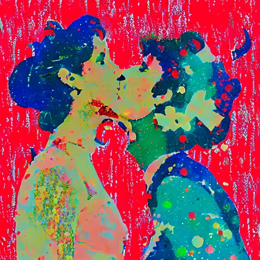 Prompt: two women kissing at a carnival, mixed media collage, retro, paper collage, magazine collage, acrylic paint splatters, retro psychedelia,