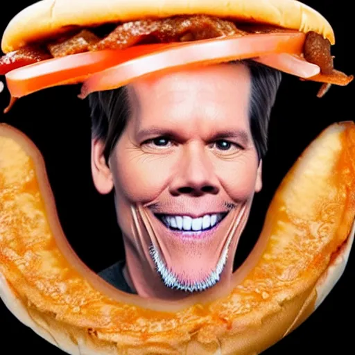 Image similar to kevin bacon face wrapped inside a cheeseburger