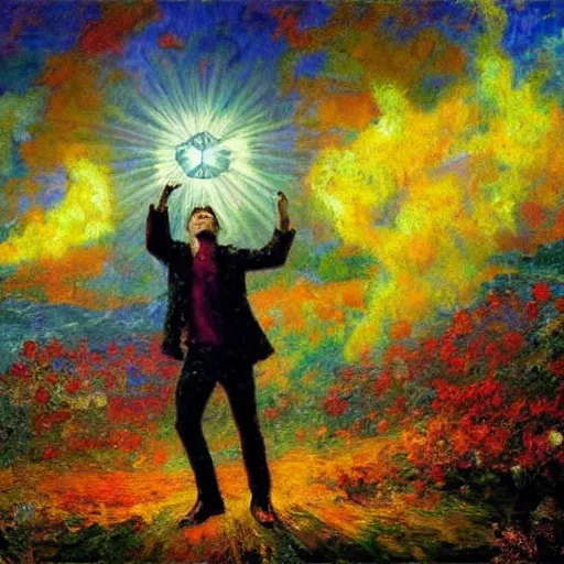 Prompt: Brandon Flowers summoning light from heaven, impressionism, bright vivid colors, by Greg Rutkowksi and Ilya Repin