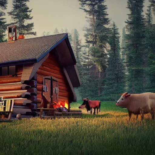 Image similar to a cabin in the woods with farm animals and friendly people, clash royal style characters, unreal engine 5, octane render, detailed, cinematografic, cinema 4 d, artstation trending