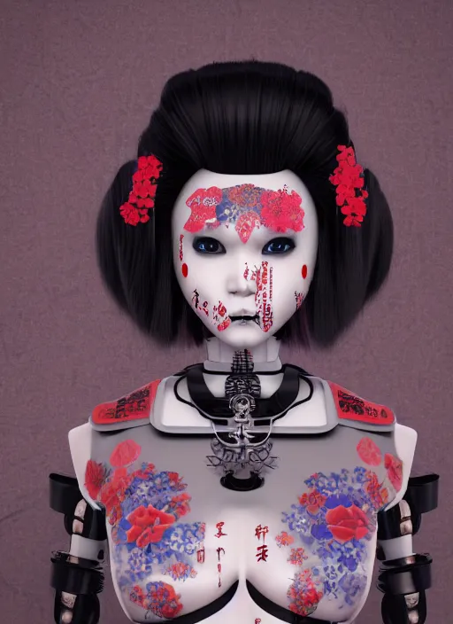 Image similar to full body portrait of a gothic japanese robot geisha with kanji tattoos and decals wearing a digital pixelated kimono, intricate design, photorealistic, octane render, raytraced, ultra fine detailed, character design, trending on artstation