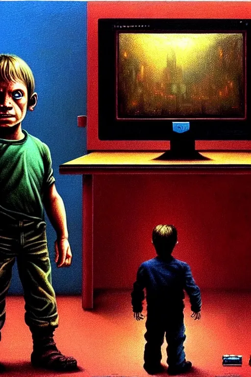 Prompt: realistic detailed color photo of a standing figure of a five years old boy in front of a PC computer monitor in an old dirty soviet apartment . screenshot of the game doom2 on the monitor screen, by and Mark Brooks, Neo-Gothic, gothic, rich deep colors. Beksinski painting, from a movie by David Cronenberg. masterpiece. realistic detailed image. Photographed with Leica Summilux-M 24 mm lens, ISO 100, f/8, Portra 400, kodak film, anamorphic lenses. high quality