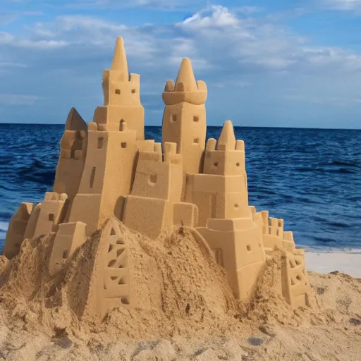 Prompt: a sandcastle in the shape of nathan fillion