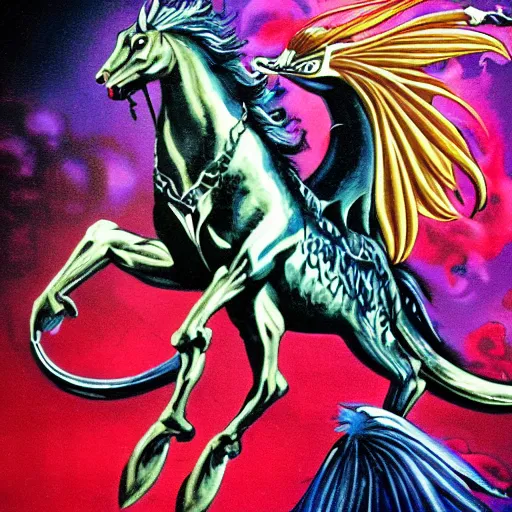 Image similar to album art for an 1980's glam rock band with a Pegasus ad a dragon, concept art