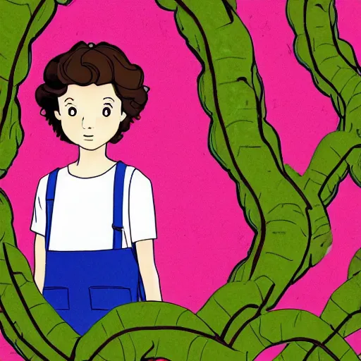 Prompt: eleven from stranger things ( 2 0 1 9 ) in an empty hallway with blue vines claiming the walls, digital art, portrait, in the style of studio ghibli, trending on artstation, 1 9 8 0 ’ s aesthetic