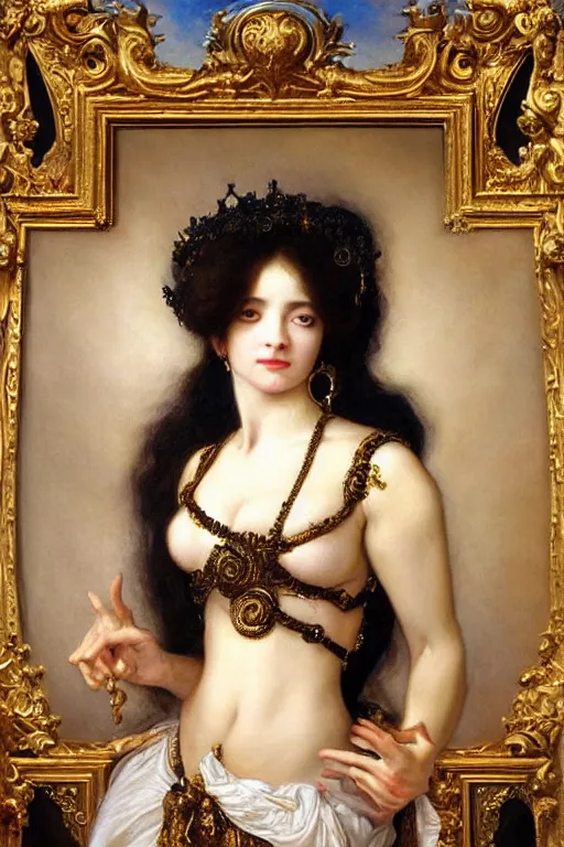 Image similar to hyper realistic painting portrait of the queen of saturn, occult diagram, elaborate details, rococo, baroque, gothic, intrincate ornaments, gold decoration, caligraphy, occult art, illuminated manuscript, oil painting, art noveau, in the style of roberto ferri, gustav moreau, waterhouse and bussiere