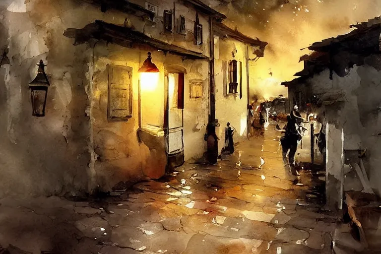 Image similar to paint brush strokes, abstract watercolor painting of rustic portuguese village at nightfall, lantern, ambient lighting, art by hans dahl, by jesper ejsing, art by anders zorn, wonderful masterpiece by greg rutkowski, cinematic light, american romanticism by greg manchess, creation by tyler edlin