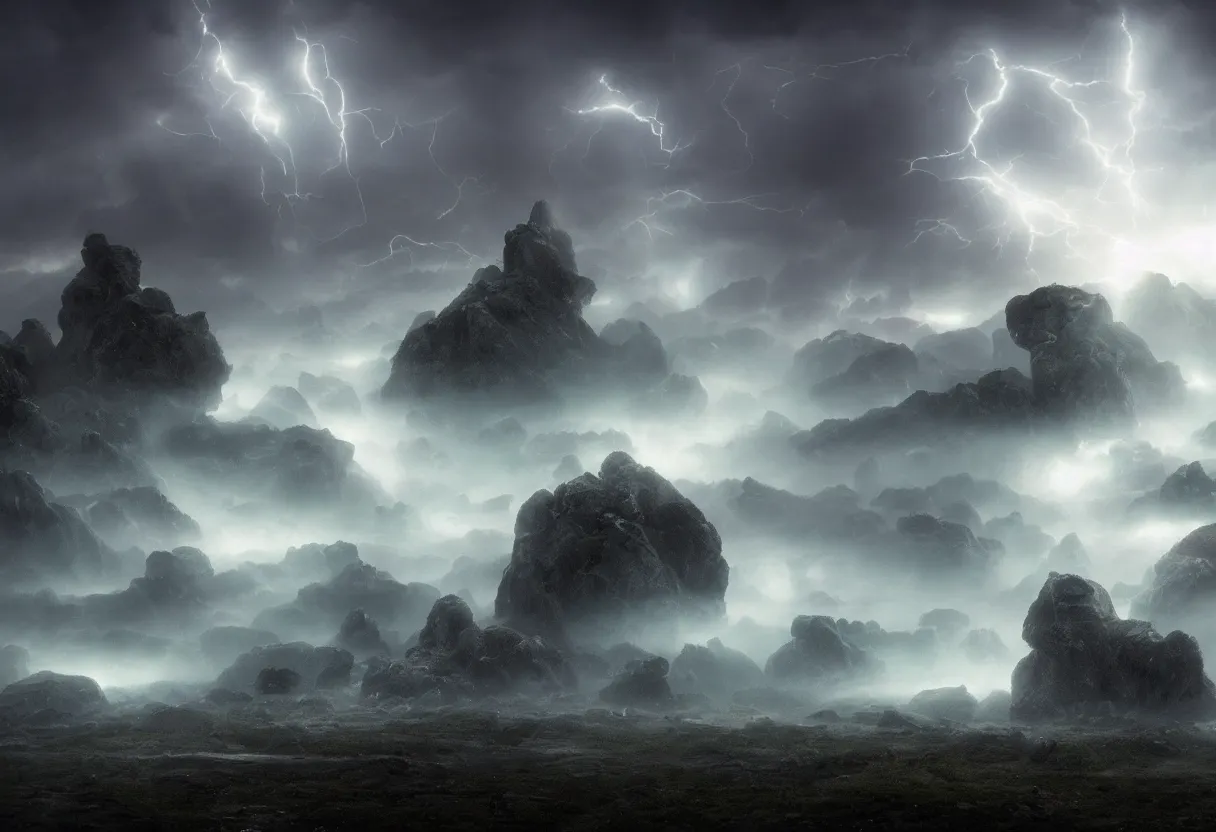 Image similar to Photorealistic epic misty landscape with magical floating rocks, with ominous storm clouds, bioluminescent glowing runes, stones falling from the sky, a gentle rising mist. occult photorealism, UHD, amazing depth, cinematic lighting, epic scale, glowing rich colors, powerful imagery, psychedelic Overtones, concept art