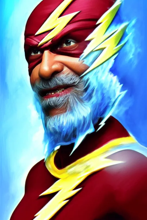 Prompt: Manmohan Singh as Flash, Flash costume, Manmohan Singh blue turban, Flash body type, Manmohan Singh Face, calm, lightnig speed, grumpy, portrait, masculine figure, highly detailed, digital painting, artstation, concept art, smooth, sharp focus, illustration, cinematic lighting, art by artgerm and greg rutkowski and alphonse mucha